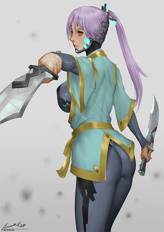 ariverkao ass bodysuit breasts closed_mouth dated dual_wielding foreshortening gold_trim grey_background holding holding_weapon large_breasts lavender_hair lips long_hair long_sleeves looking_at_viewer orange_eyes original outstretched_arm ponytail profile reaching_out short_over_long_sleeves short_sleeves signature solo standing weapon weapon_request