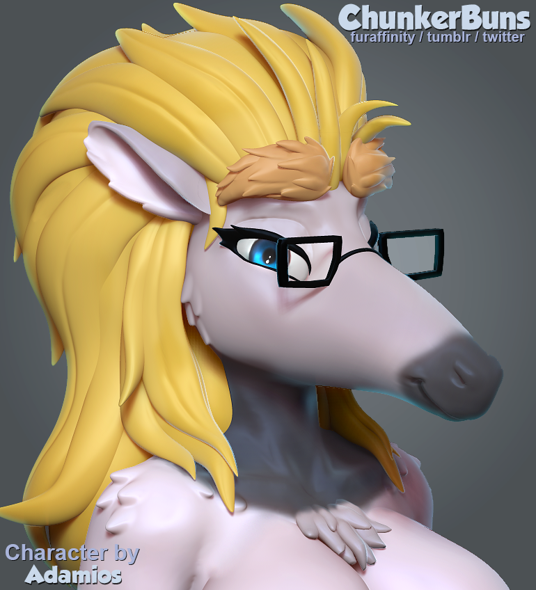 2018 3d_(artwork) adamios_(character) anteater anthro bedroom_eyes big_breasts biped black_fur blonde_hair blue_eyes breasts bust_portrait chest_tuft chunkerbuns collarbone digital_media_(artwork) english_text eyebrows eyelashes eyewear female front_view fur giant_anteater glasses grey_background grey_fur grey_theme hair half-closed_eyes icon lighting long_snout looking_at_viewer mammal multicolored_fur muzzle_(marking) pilosan pince-nez portrait seductive shadow simple_background smile snout solo text thick_eyebrows tuft two_tone_fur watermark