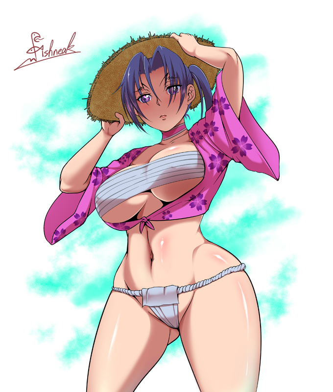 arms_up ass_visible_through_thighs bandages blue_sky breasts choker cleavage closed_mouth cloud collarbone commentary_request covered_nipples cowboy_shot cropped_legs crotch eyebrows eyebrows_visible_through_hair floral_print fundoshi groin hair_between_eyes hands_on_headwear hat japanese_clothes kousaka_shigure kuro_fn large_breasts long_hair looking_at_viewer navel pink_choker ponytail print_shirt purple_eyes purple_hair sarashi shijou_saikyou_no_deshi_ken'ichi shirt signature sky solo standing straw_hat sun sunlight sweat sweatdrop tied_shirt tree underboob underwear white_background