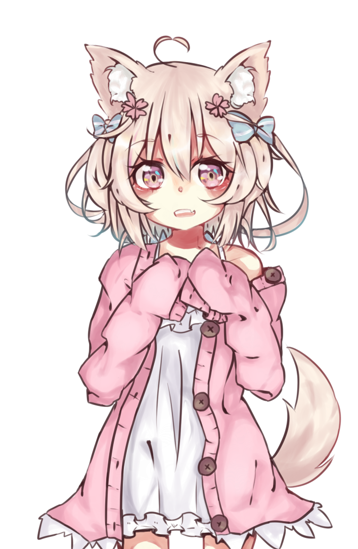 :d animal_ears blonde_hair camisole cardigan commentary_request frills hair_ribbon momose_tsugumi off_shoulder open_cardigan open_clothes open_mouth original pink_eyes ribbon short_hair smile tail transparent_background