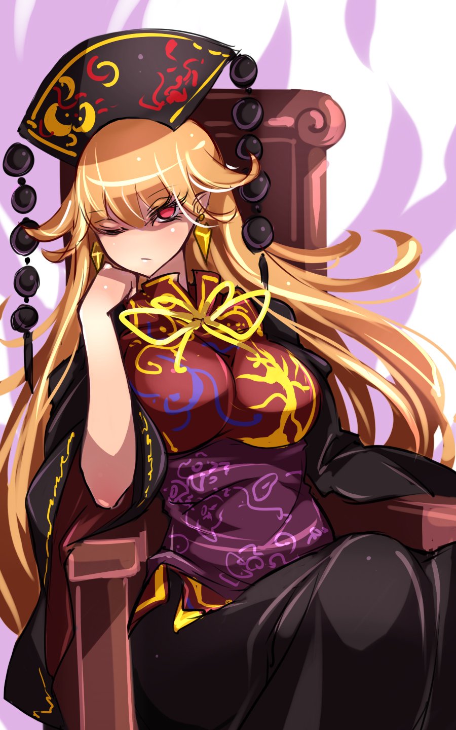 animal_print black_dress black_hat blonde_hair breasts chinese_clothes crossed_legs dress earrings energy expressionless eyebrows_visible_through_hair eyelashes eyes_visible_through_hair fox_tail hand_on_own_cheek hat highres jewelry junko_(touhou) large_breasts long_hair looking_at_viewer multiple_tails obi one_eye_closed pointy_ears raptor7 red_eyes ribbon sash sideways_glance sitting solo tabard tail tassel throne touhou very_long_hair white_background wide_sleeves