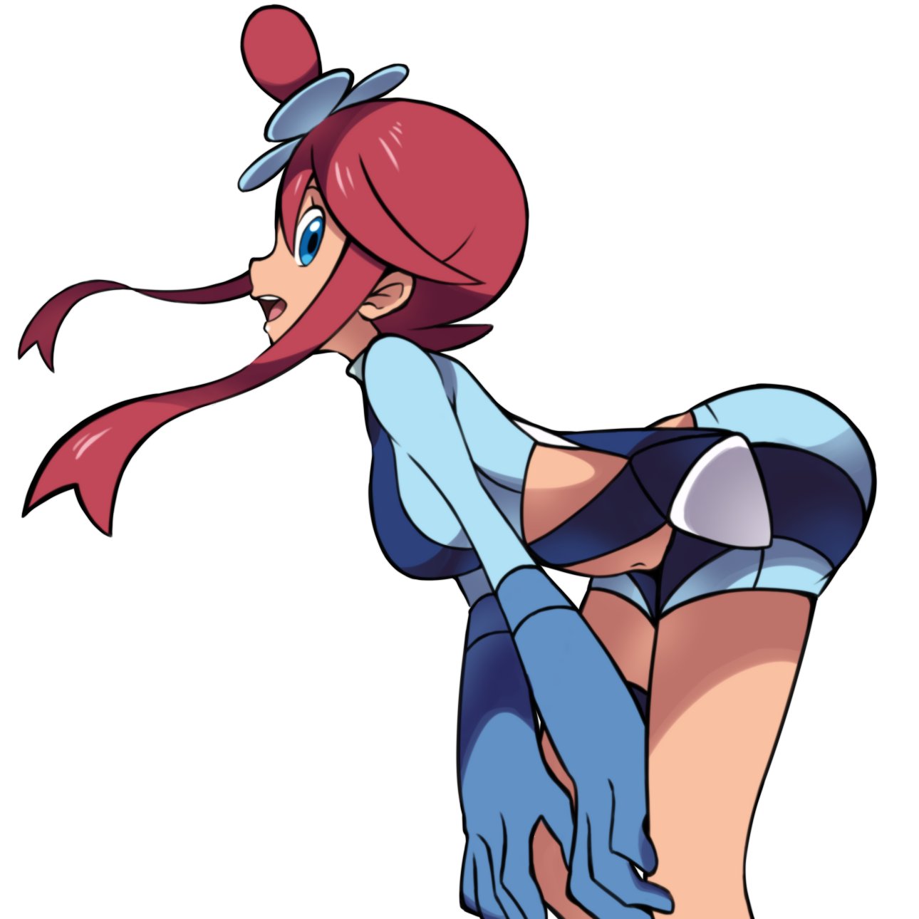 bent_over blue_eyes breasts from_side fuuro_(pokemon) gloves gym_leader hair_bun hair_ornament highres kisama large_breasts midriff navel open_mouth pokemon pokemon_(game) pokemon_bw red_hair shorts sidelocks simple_background solo suspenders white_background