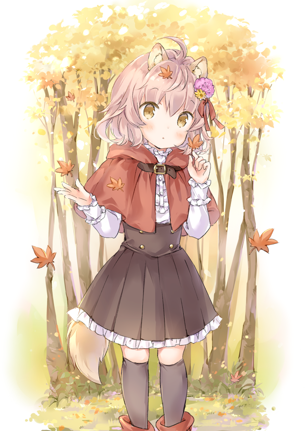 animal_ears autumn autumn_leaves black_legwear boots capelet flower forest hair_flower hair_ornament nature original parted_lips pleated_skirt red_footwear shirt short_hair skirt solo tail tree wataame27 wolf_ears wolf_tail yellow_eyes younger