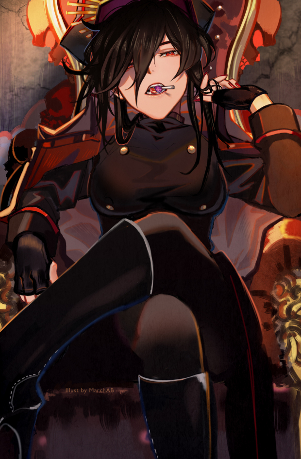 armchair artist_name bangs black_footwear black_gloves black_hair black_jacket boots breasts candy chair commentary crossed_legs epaulettes fate/grand_order fate_(series) fingerless_gloves food gloves hair_over_one_eye hair_over_shoulder hat jacket lollipop looking_at_viewer looking_down marchab_66 medium_breasts medium_hair military military_hat military_uniform mouth_hold nail_polish oda_nobunaga_(fate) pantyhose red_eyes signature sitting skull solo throne uniform