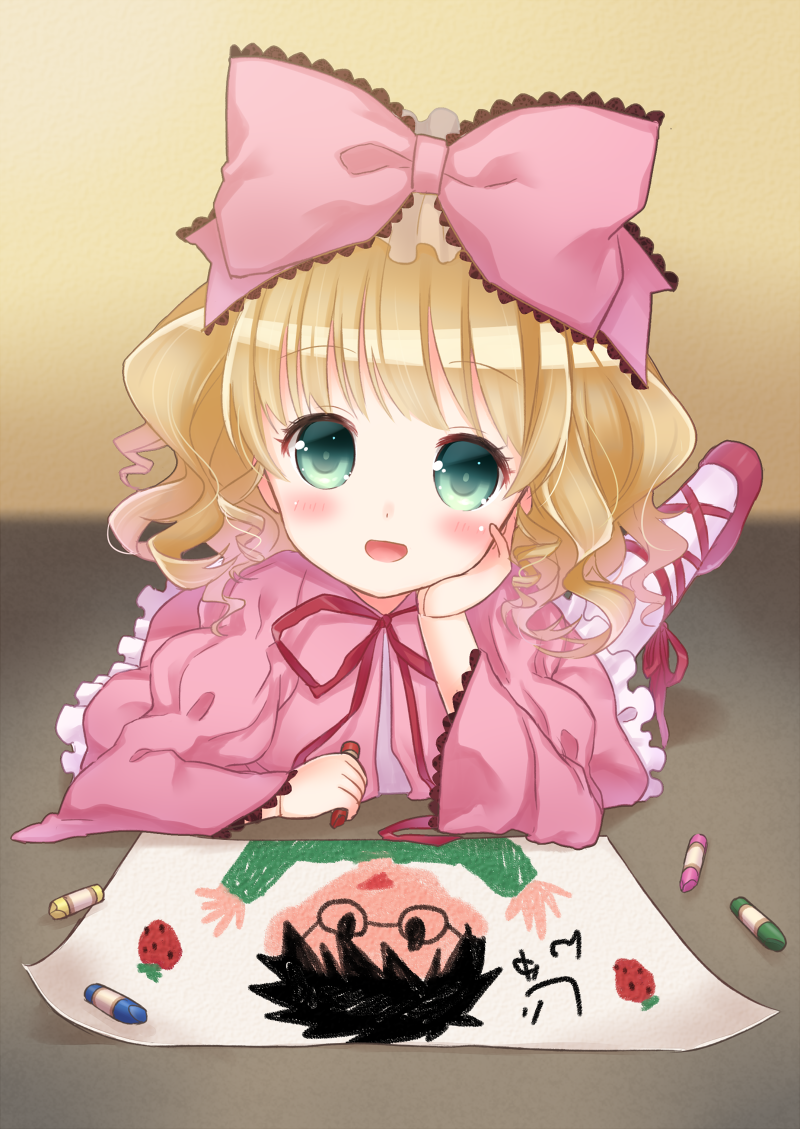 :d bangs blonde_hair blush bow child_drawing crayon doll_joints dress eyebrows_visible_through_hair food frilled_dress frills fruit green_eyes hair_bow hina_ichigo juliet_sleeves lolita_fashion long_hair long_sleeves looking_at_viewer lying masuishi_kinoto on_stomach open_mouth pantyhose pink_bow pink_dress pink_legwear puffy_sleeves red_footwear rozen_maiden see-through shoes smile solo strawberry very_long_hair wide_sleeves