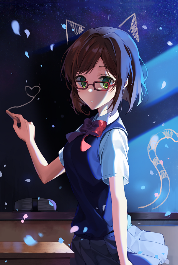 animal_ears bangs bow breasts brown_hair cat_ears cat_tail chalk chalkboard collared_shirt commentary drawn_ears drawn_tail eyebrows_visible_through_hair glasses green_eyes grey_skirt hair_intakes heart holding idolmaster idolmaster_cinderella_girls looking_at_viewer looking_to_the_side maekawa_miku parted_lips petals pinb pleated_skirt red-framed_eyewear red_bow school_uniform shirt short_hair short_sleeves skirt small_breasts solo sweater_vest symbol_commentary tail tail_raised white_shirt