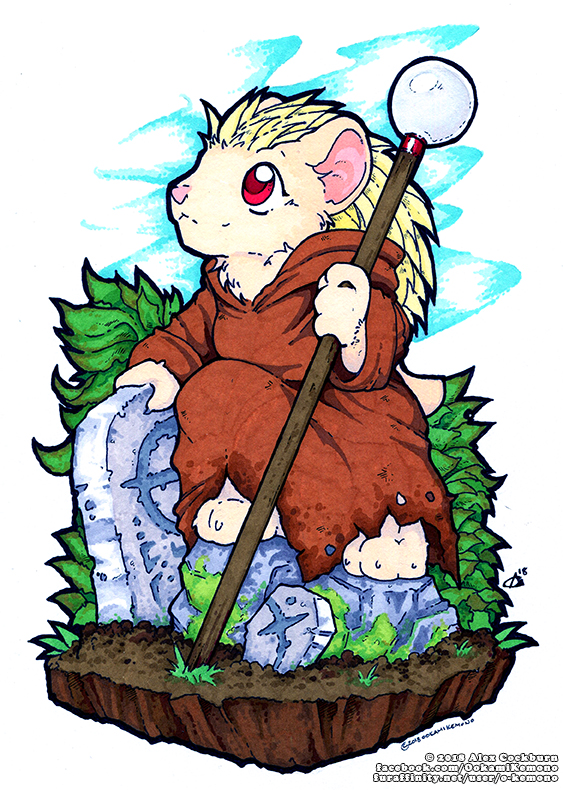 2018 3_toes albino anthro ayeph chibi clothed clothing female fully_clothed graves hedgehog leaves looking_up mammal marker_(artwork) o-kemono outside red_eyes robe staff toes traditional_media_(artwork)