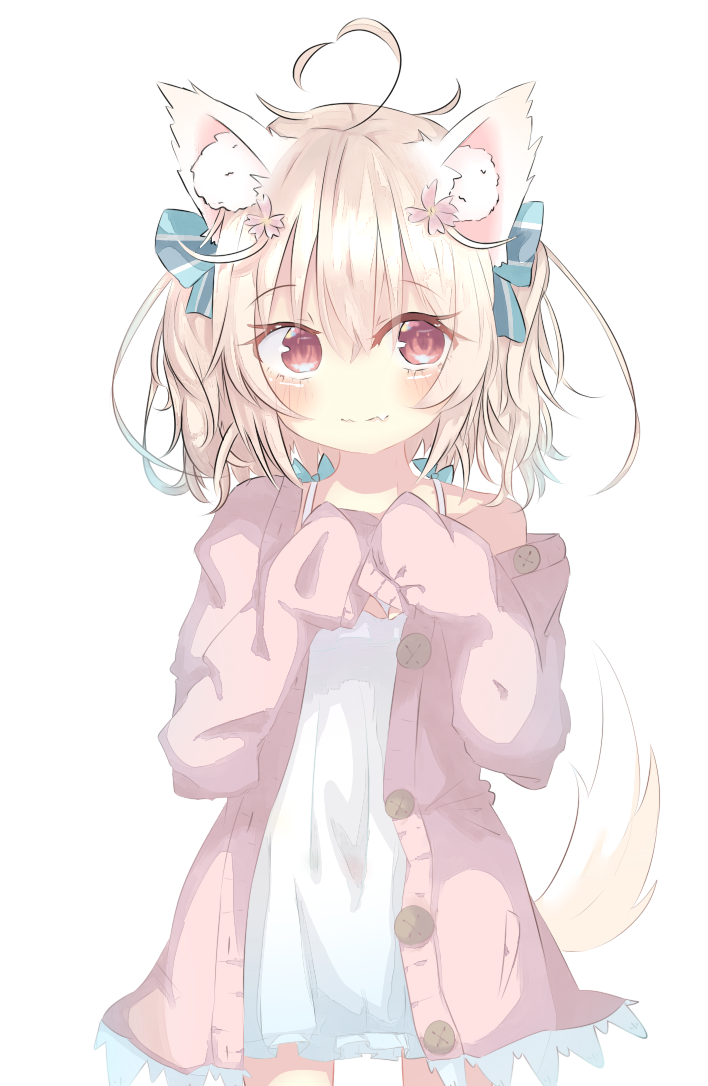 animal_ears blonde_hair camisole cardigan commentary_request fang_out frills hair_ribbon momose_tsugumi off_shoulder open_cardigan open_clothes original pink_eyes ribbon short_hair simple_background smile tail white_background