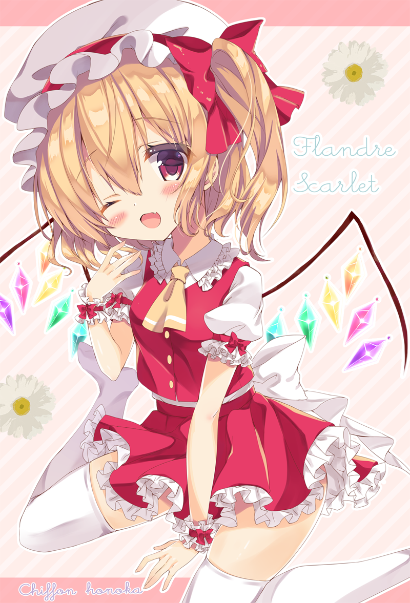 ;d arm_up artist_name ascot bangs blonde_hair blush character_name commentary_request crystal eyebrows_visible_through_hair fang flandre_scarlet frilled_cuffs frilled_shirt_collar frilled_sleeves frills full_body hair_between_eyes hat hat_ribbon holding honoka_chiffon looking_at_viewer miniskirt mob_cap one_eye_closed one_side_up open_mouth petticoat puffy_short_sleeves puffy_sleeves red_eyes red_ribbon red_skirt red_vest ribbon shoes short_hair short_sleeves sitting skirt smile solo star thighhighs touhou vest wariza white_hat white_legwear wings wrist_cuffs yellow_neckwear zettai_ryouiki