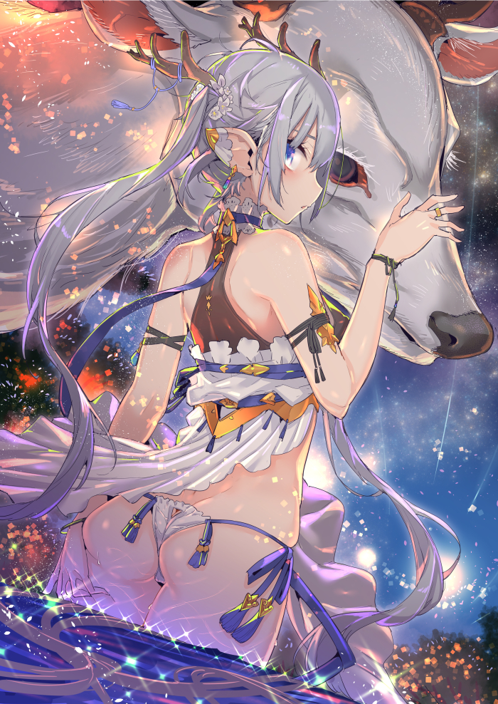 animal antlers ass bangs bare_shoulders blue_choker blue_eyes blush butt_crack choker commentary_request deer dress earrings elf grey_hair hair_between_eyes hand_on_ass hand_up jewelry lace lace-trimmed_choker lace_trim long_hair looking_at_viewer looking_back night night_sky original outdoors panties parted_lips pointy_ears profile red_eyes ring side-tie_panties sky sleeveless solo star_(sky) starry_sky tajima_ryuushi twintails underwear very_long_hair wading water white_dress white_panties