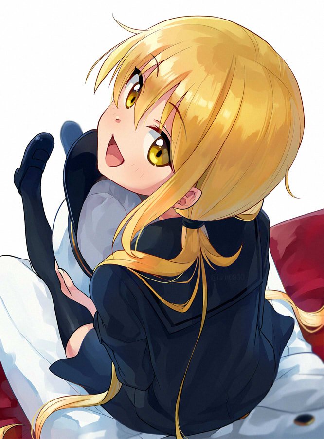 1girl :d admiral_(kantai_collection) bangs black_footwear black_legwear black_sailor_collar black_serafuku black_shirt blonde_hair eyebrows_visible_through_hair eyes_visible_through_hair hair_between_eyes hat hat_removed headwear_removed holding holding_hat kantai_collection long_hair long_sleeves looking_back open_mouth sailor_collar satsuki_(kantai_collection) sayshownen school_uniform serafuku shirt shoes sitting sitting_on_lap sitting_on_person smile thighhighs twintails very_long_hair white_hat yellow_eyes zettai_ryouiki
