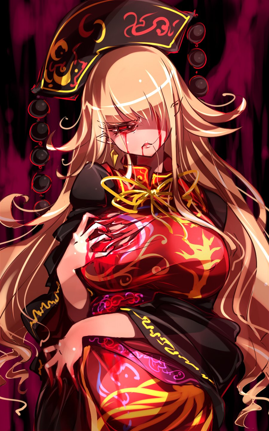 angry animal_print arm_across_waist aura black_dress black_hat blonde_hair blood blood_from_mouth blood_on_face bloody_hands bloody_tears breasts chinese_clothes commentary dark_aura dress ears_visible_through_hair eyelashes hair_over_one_eye hat head_tilt highres junko_(touhou) large_breasts long_hair long_sleeves looking_at_viewer obi pointy_ears raptor7 red_eyes ribbon sash shiny shiny_hair shiny_skin sketch solo squinting tabard tassel tearing_clothes torn_clothes touhou upper_body very_long_hair wide_sleeves