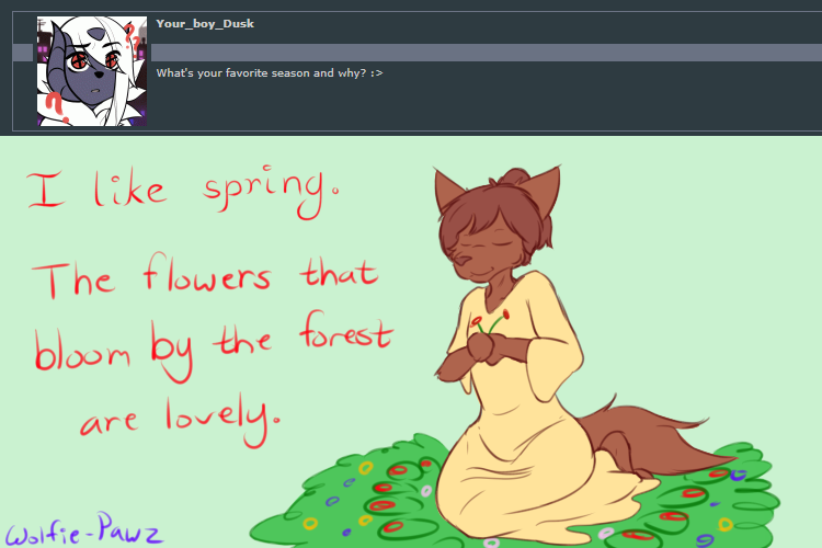 2018 ania_(wolfie-pawz) breasts canine clothed clothing dialogue dress english_text eyes_closed female flower fully_clothed grass mammal plant signature sitting text wolf wolfie-pawz