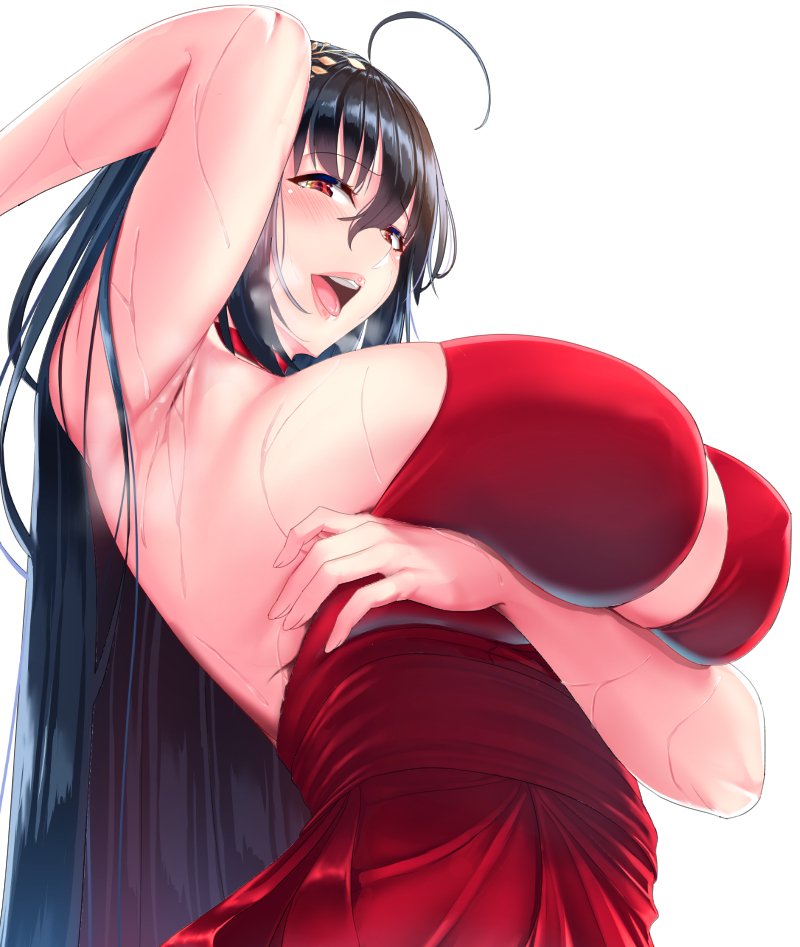 ahoge arm_up armpits azur_lane bangs bare_shoulders black_hair blush breast_hold breasts choker cocktail_dress covered_nipples dress eyebrows_visible_through_hair from_below hair_between_eyes hair_ornament heavy_breathing huge_breasts kasappi long_hair looking_at_viewer looking_down open_mouth red_choker red_dress red_eyes sideboob simple_background solo sweat taihou_(azur_lane) white_background