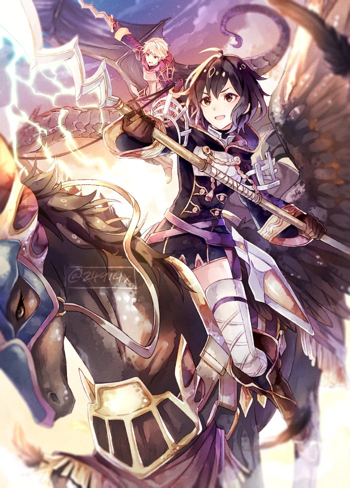 1girl armor black_hair boots brown_eyes brown_footwear brown_gloves cloud commentary dragon dress father_and_daughter feathers fire_emblem fire_emblem:_kakusei fire_emblem_heroes gloves holding holding_lance holding_sword holding_weapon hood hood_down lance lightning long_sleeves male_my_unit_(fire_emblem:_kakusei) mark_(female)_(fire_emblem) mark_(fire_emblem) my_unit_(fire_emblem:_kakusei) open_mouth pegasus pegasus_knight polearm riding short_dress short_hair sky sword thighhighs twitter_username weapon white_hair wyvern xin_(24914) zettai_ryouiki