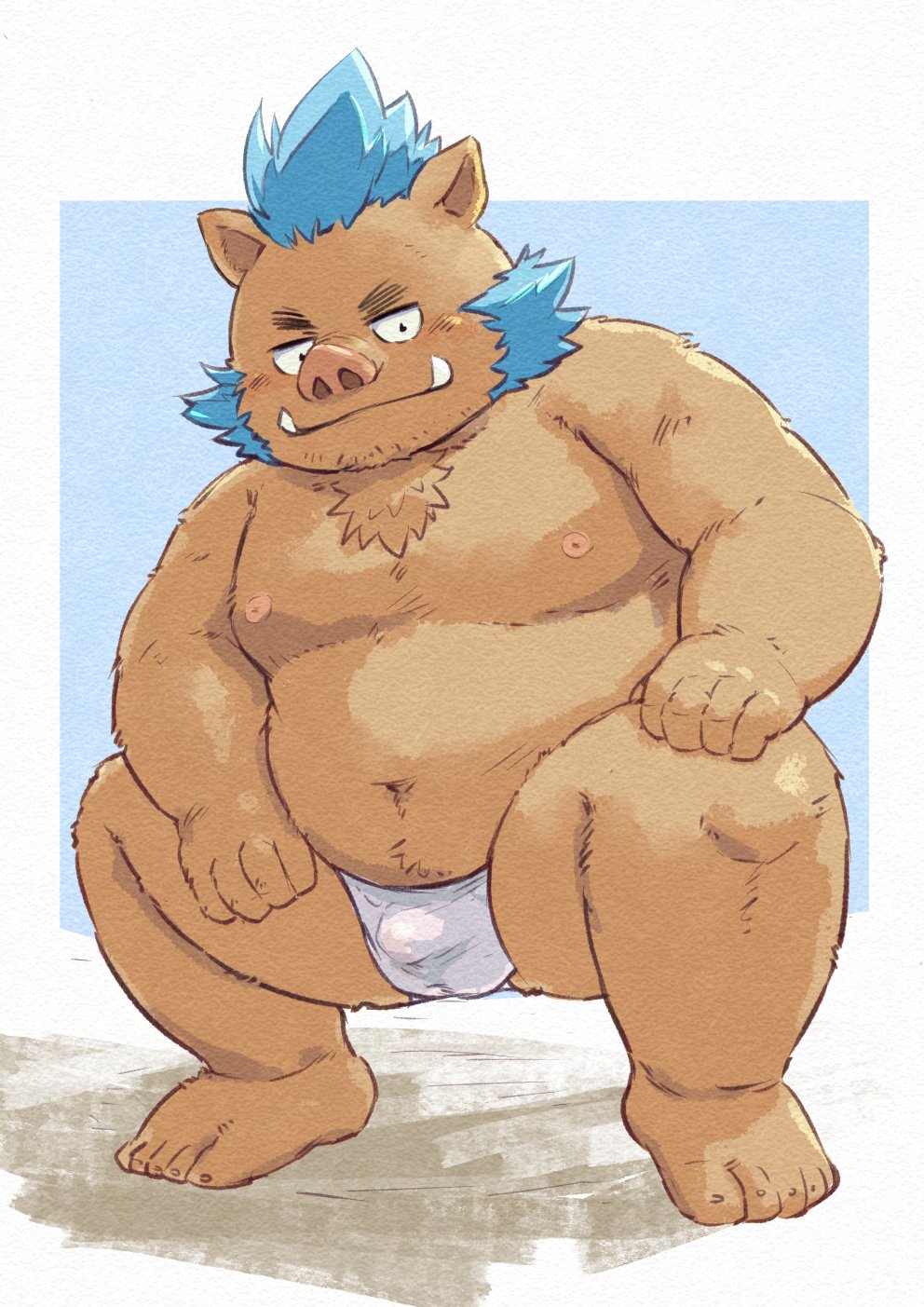 2018 anthro belly blush boar brown_fur bulge clothing fundoshi fur gouryou humanoid_hands japanese_clothing male mammal mohawk moobs navel nipples overweight overweight_male porcine solo tokyo_afterschool_summoners tusks underwear yakiniku