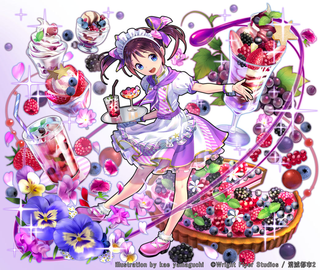 :d blackberry_(fruit) blueberry bow cake commentary_request dessert drink drinking_straw flower food fruit full_body glass holding holding_tray ice_cream kaekae looking_at_viewer neckerchief official_art open_mouth pansy parfait pink_footwear puffy_short_sleeves puffy_sleeves purple_bow purple_neckwear purple_skirt raspberry short_sleeves short_twintails shoumetsu_toshi_2 skirt smile socks solo sparkle spoon standing star strawberry striped tray twintails waitress watermark white_legwear