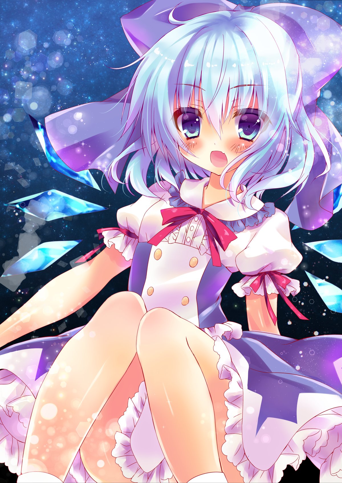 :d alternate_costume bangs blue blue_bow blue_dress blue_eyes blue_hair blue_wings blush bow center_frills cirno commentary_request detached_wings double-breasted dress eyebrows_visible_through_hair fairy frilled_shirt_collar frills hair_between_eyes hair_bow highres honoka_chiffon ice ice_wings knees_together_feet_apart looking_at_viewer neck_ribbon open_mouth petticoat puffy_short_sleeves puffy_sleeves red_ribbon ribbon short_hair short_sleeves sitting smile socks solo touhou white_legwear wings