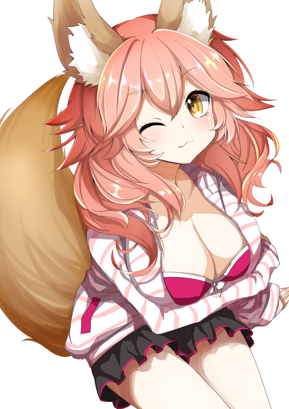 ;3 animal_ear_fluff animal_ears bra breast_hold breasts cleavage collarbone fate/grand_order fate_(series) fox_ears fox_girl fox_tail highres large_breasts luluhavinera one_eye_closed open_clothes open_shirt pink_bra pink_hair simple_background solo tail tamamo_(fate)_(all) tamamo_no_mae_(fate) underwear white_background yellow_eyes