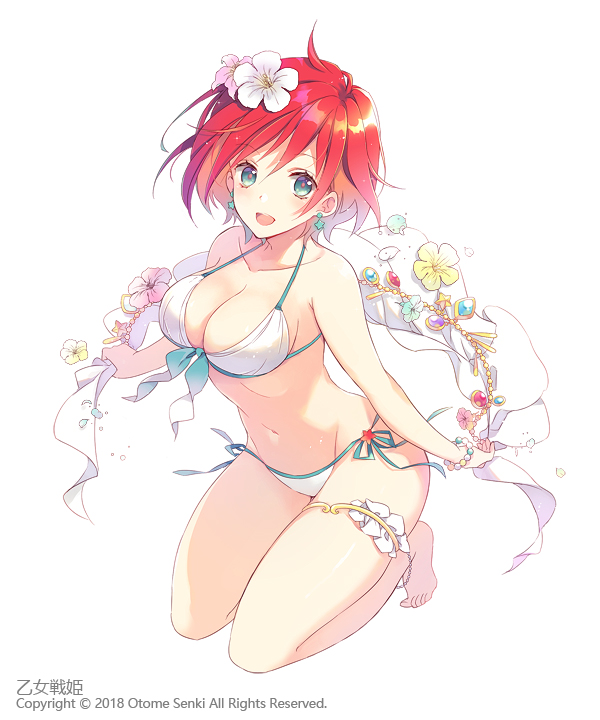 2018 :d anklet aqua_ribbon barefoot bikini blue_eyes bracelet breasts cleavage collarbone earrings eyebrows_visible_through_hair flower full_body groin hair_between_eyes hair_flower hair_ornament hibiscus holding jewelry jonejung kneeling large_breasts looking_at_viewer navel open_mouth otome_senki red_hair ribbon shiny shiny_hair short_hair side-tie_bikini simple_background smile solo swimsuit thigh_strap white_background white_bikini white_flower