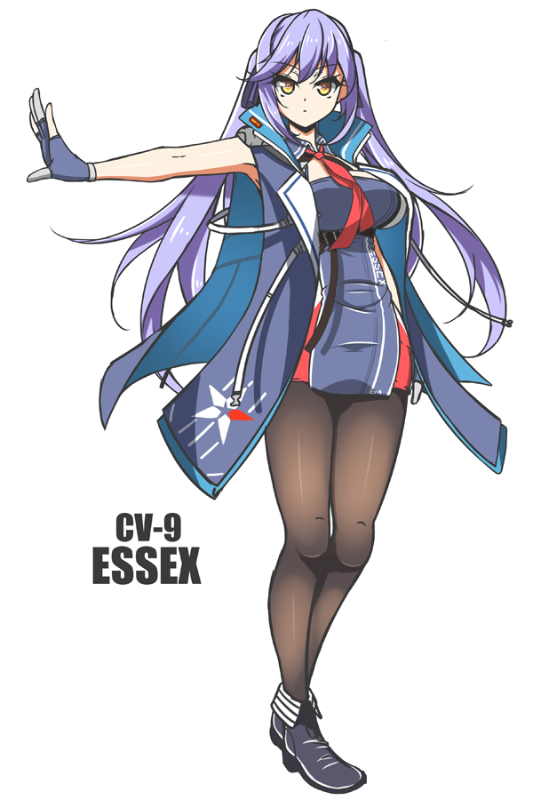 armpits azur_lane bangs black_legwear blue_cloak blue_dress blue_footwear blue_gloves blue_hair breasts character_name cleavage cleavage_cutout collared_cloak collared_dress commentary_request dress essex_(azur_lane) eyebrows_visible_through_hair floating_hair full_body gloves long_hair looking_at_viewer medium_breasts necktie outstretched_arm pantyhose red_neckwear sayossa_(pak-front) short_dress simple_background sleeveless sleeveless_dress solo star star_print twintails underbust yellow_eyes