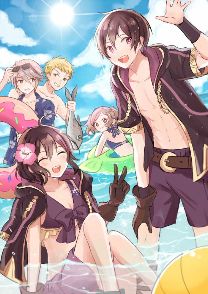 3boys azur_(fire_emblem) belt bikini black_hair blonde_hair blue_sky breasts brown_eyes brown_gloves brown_hair cleavage closed_eyes closed_mouth cloud commentary cynthia_(fire_emblem) day dinikee eudes_(fire_emblem) eyewear_on_head fire_emblem fire_emblem:_kakusei fish flower from_behind gloves grin hair_flower hair_ornament holding_fish innertube looking_back male_swimwear mark_(female)_(fire_emblem) mark_(fire_emblem) mark_(male)_(fire_emblem) multiple_boys multiple_girls open_clothes open_mouth open_robe outdoors parted_lips purple_eyes robe short_hair short_sleeves sitting sky smile spiked_hair sunglasses swim_trunks swimsuit swimwear v wading water wristband