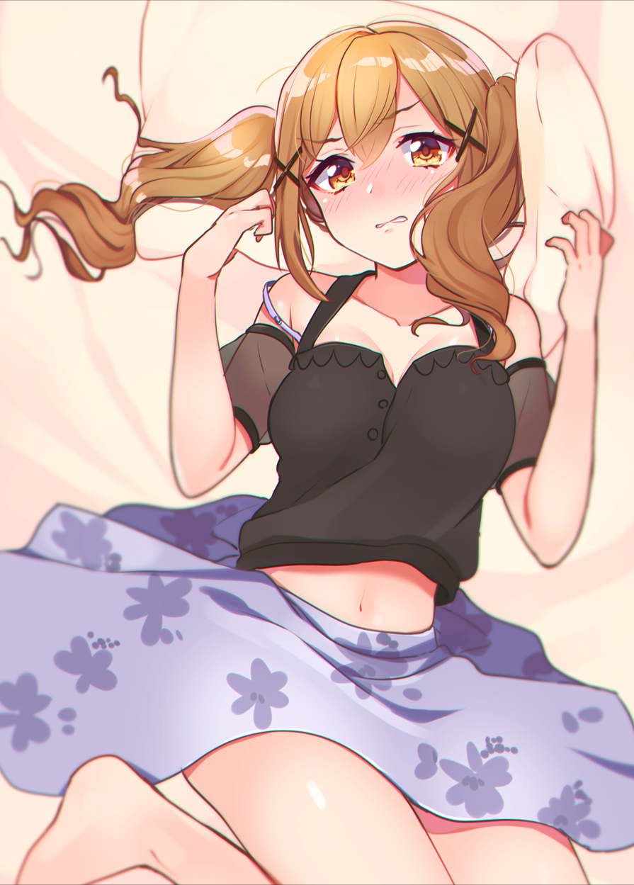 bang_dream! bare_legs bare_shoulders barefoot bbbannooo blonde_hair blue_skirt blush breasts cleavage clenched_teeth collarbone detached_sleeves eyebrows_visible_through_hair floral_print from_above hair_ornament highres ichigaya_arisa looking_at_viewer lying medium_breasts medium_skirt midriff navel pillow pillow_grab print_skirt see-through shiny shiny_hair sidelocks skirt solo teeth twintails x_hair_ornament yellow_eyes
