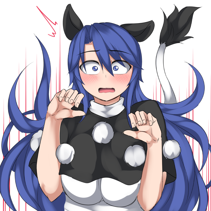 animal_ears blue_eyes blue_hair blush capelet constricted_pupils doremy_sweet kuroba_rapid long_hair looking_at_viewer no_hat no_headwear pom_pom_(clothes) solo tail tapir_ears tapir_tail touhou upper_body