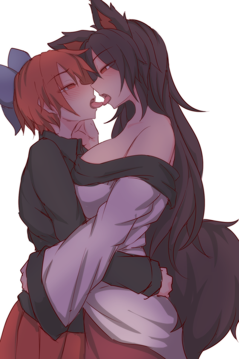 animal_ears arm_around_waist bare_shoulders black_hair black_shirt blue_bow blush bow breasts collared_shirt cowboy_shot dress eye_contact eyebrows_visible_through_hair food french_kiss from_side hair_bow half-closed_eyes hand_on_another's_shoulder highres imaizumi_kagerou kiss kuroba_rapid large_breasts long_hair long_sleeves looking_at_another multiple_girls nose_blush off-shoulder_dress off_shoulder open_mouth pleated_skirt red_eyes red_hair red_skirt sekibanki shirt short_hair sideboob simple_background skirt tail tongue tongue_out touhou very_long_hair white_background white_dress wing_collar wolf_ears wolf_girl wolf_tail yuri