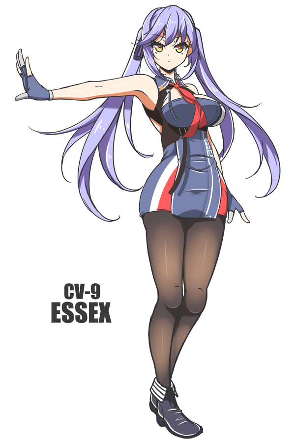 armpits azur_lane bangs black_legwear blue_dress blue_footwear blue_gloves blue_hair breasts character_name cleavage cleavage_cutout collared_dress dress essex_(azur_lane) eyebrows_visible_through_hair floating_hair full_body gloves long_hair looking_at_viewer medium_breasts necktie no_cloak outstretched_arm pantyhose red_neckwear sayossa_(pak-front) short_dress simple_background sleeveless sleeveless_dress solo star star_print twintails underbust yellow_eyes