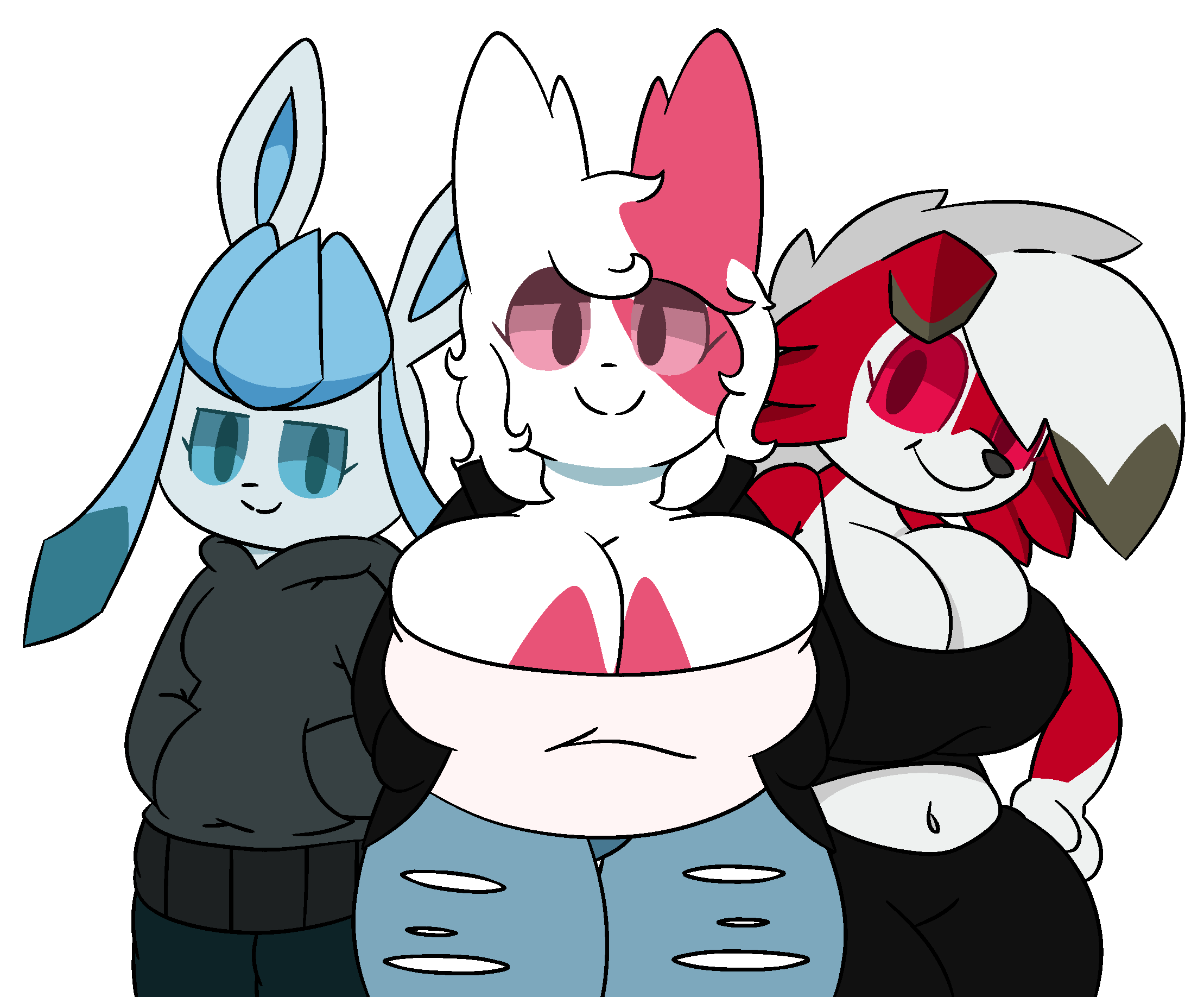 alpha_channel big_breasts breasts cleavage clothed clothing dewy-eyedboy eeveelution female glaceon group hair looking_at_viewer lycanroc mae_(zeta) memeon nintendo pok&eacute;mon pok&eacute;mon_(species) sandra_(gunner2700) simple_background smile smug transparent_background video_games wide_hips zangoose
