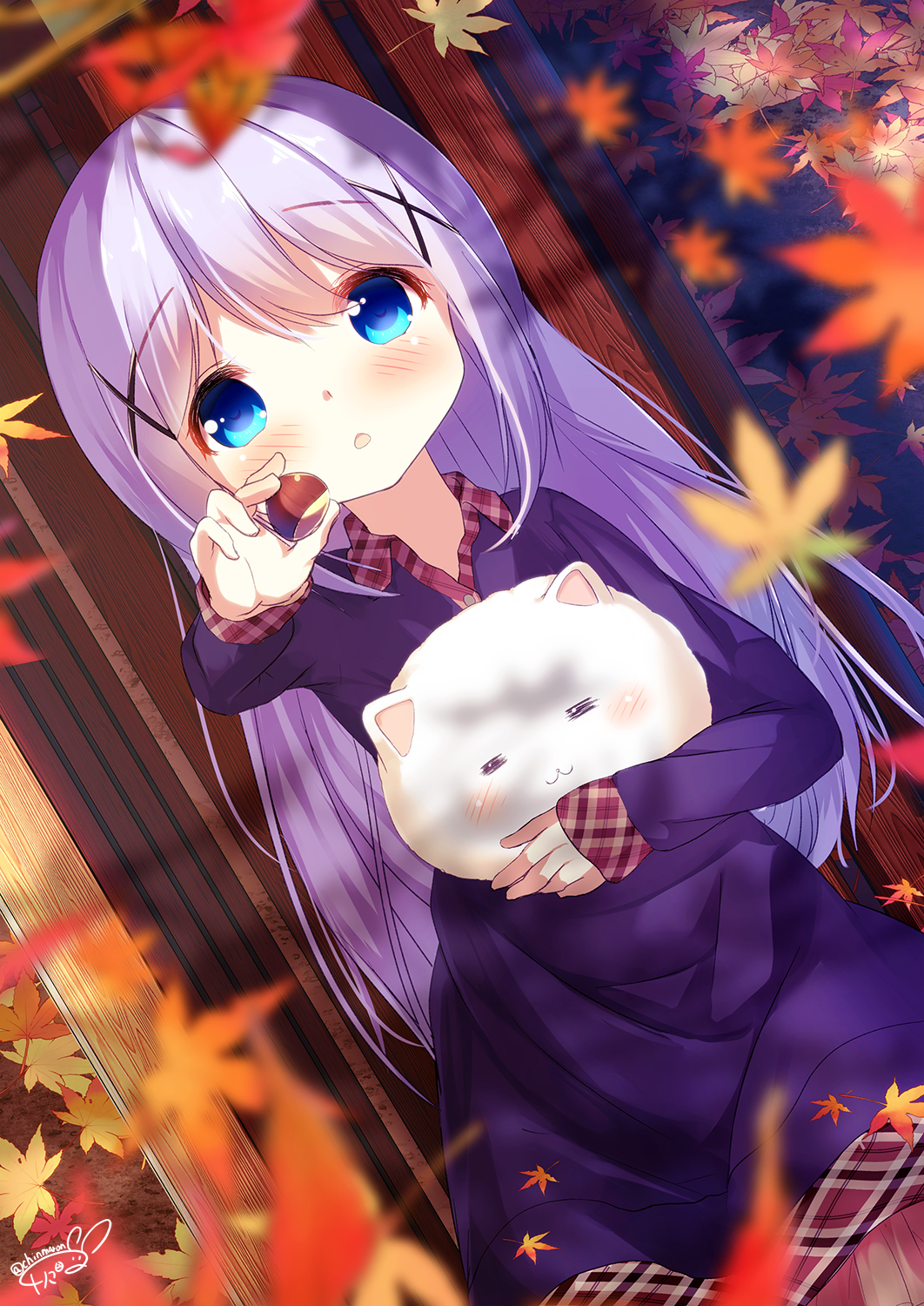 :3 :o =_= angora_rabbit animal autumn_leaves bangs blue_dress blue_eyes blue_hair blurry blurry_foreground blush bunny chestnut_mouth chinomaron closed_eyes closed_mouth commentary_request depth_of_field dress eyebrows_visible_through_hair gochuumon_wa_usagi_desu_ka? hair_between_eyes hair_ornament highres holding kafuu_chino leaf long_hair long_sleeves maple_leaf parted_lips plaid signature sleeves_past_wrists tippy_(gochiusa) twitter_username very_long_hair x_hair_ornament
