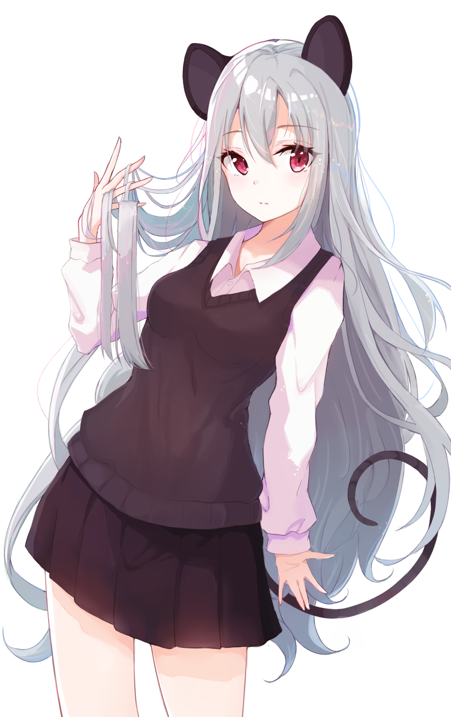 alternate_hair_length alternate_hairstyle animal_ears arm_at_side arm_up bangs black_skirt blush breasts closed_mouth collared_shirt commentary contrapposto cowboy_shot eyebrows_visible_through_hair grey_hair hair_between_eyes hand_in_hair highres hyakunin_momoko long_hair long_sleeves looking_at_viewer medium_breasts miniskirt mouse_ears mouse_girl mouse_tail nazrin school_uniform shiny shiny_hair shirt simple_background skirt solo straight_hair sweater_vest tail touhou very_long_hair white_background white_shirt wing_collar