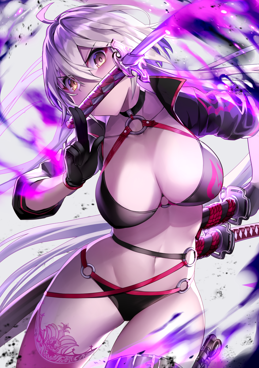 ahoge bad_id bad_pixiv_id bangs bikini black_bikini black_choker black_jacket breasts choker cleavage commentary_request cowboy_shot cropped_jacket eyebrows_visible_through_hair fate/grand_order fate_(series) gendo0032 gloves hair_between_eyes highres holding jacket jeanne_d'arc_(alter_swimsuit_berserker) jeanne_d'arc_(fate)_(all) katana large_breasts long_hair multicolored multicolored_background navel o-ring o-ring_bikini o-ring_bottom o-ring_top red_legwear silver_hair single_thighhigh skindentation solo swimsuit sword thigh_strap thighhighs weapon yellow_eyes