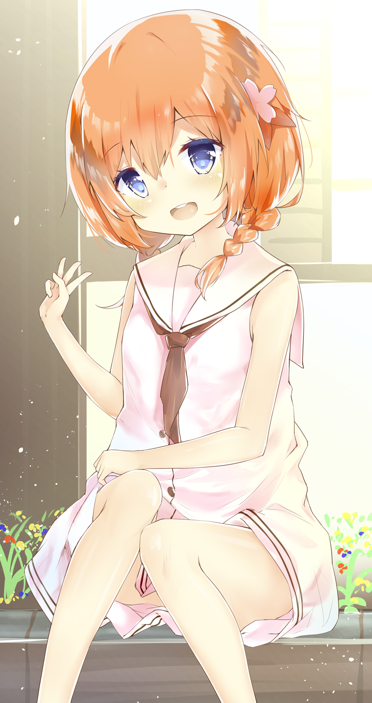 :d alternate_hairstyle bangs bare_arms bare_shoulders blue_eyes blue_flower blush braid brown_hair brown_neckwear day dress eyebrows_visible_through_hair feet_out_of_frame flower gochuumon_wa_usagi_desu_ka? hair_between_eyes hair_ornament hand_up head_tilt highres hoto_cocoa long_hair low_twintails neckerchief open_mouth outdoors red_flower round_teeth sailor_collar sailor_dress shiraki_shiori sidelocks sitting sleeveless sleeveless_dress smile solo teeth twin_braids twintails upper_teeth w white_dress white_sailor_collar yellow_flower