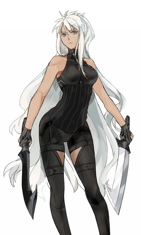 archer black_gloves black_legwear black_shirt black_shorts breasts breasts_apart crimo dual_wielding eyebrows_visible_through_hair fate/stay_night fate_(series) floating_hair genderswap genderswap_(mtf) gloves grey_eyes holding holding_sword holding_weapon large_breasts long_hair looking_at_viewer shirt short_shorts shorts silver_hair simple_background sleeveless sleeveless_shirt solo standing striped striped_gloves sword very_long_hair weapon white_background