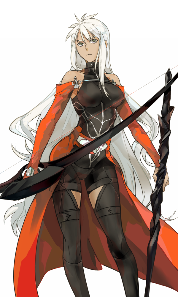 archer arrow black_legwear black_shirt black_shorts bow_(weapon) breasts breasts_apart crimo detached_sleeves eyebrows_visible_through_hair fate/stay_night fate_(series) floating_hair genderswap genderswap_(mtf) grey_eyes grey_ribbon holding holding_arrow holding_bow_(weapon) holding_weapon large_breasts long_hair looking_at_viewer shirt short_shorts shorts silver_hair simple_background sleeveless sleeveless_shirt solo very_long_hair weapon white_background