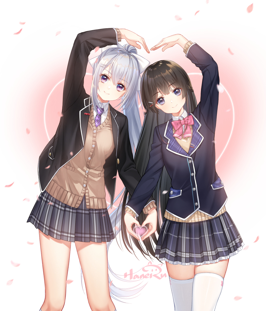 arm_up bangs black_hair black_jacket blazer blue_eyes blue_skirt blush bow brown_cardigan cardigan closed_mouth collared_shirt commentary_request eyebrows_visible_through_hair grey_skirt hair_between_eyes hair_bow hair_ornament hairclip haneru heart heart_arms_duo heart_hands heart_hands_duo high_ponytail higuchi_kaede jacket leaning_to_the_side long_hair long_sleeves multiple_girls necktie nijisanji open_blazer open_clothes open_jacket petals pink_bow plaid plaid_neckwear plaid_skirt pleated_skirt ponytail purple_eyes purple_neckwear shirt signature silver_hair skirt smile standing thighhighs tsukino_mito very_long_hair virtual_youtuber white_bow white_legwear white_shirt