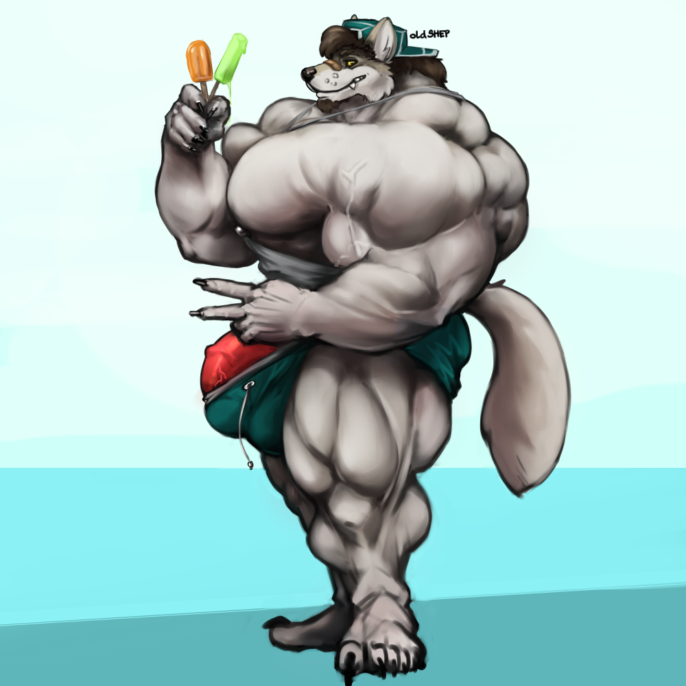 anthro barely_contained beard big_penis canine clothed clothing dessert facial_hair food hat huge_penis humanoid_penis hyper hyper_muscles ice_cream looking_at_viewer male mammal muscular muscular_male oldshep pecs penis solo standing topless v_sign vein veiny_penis
