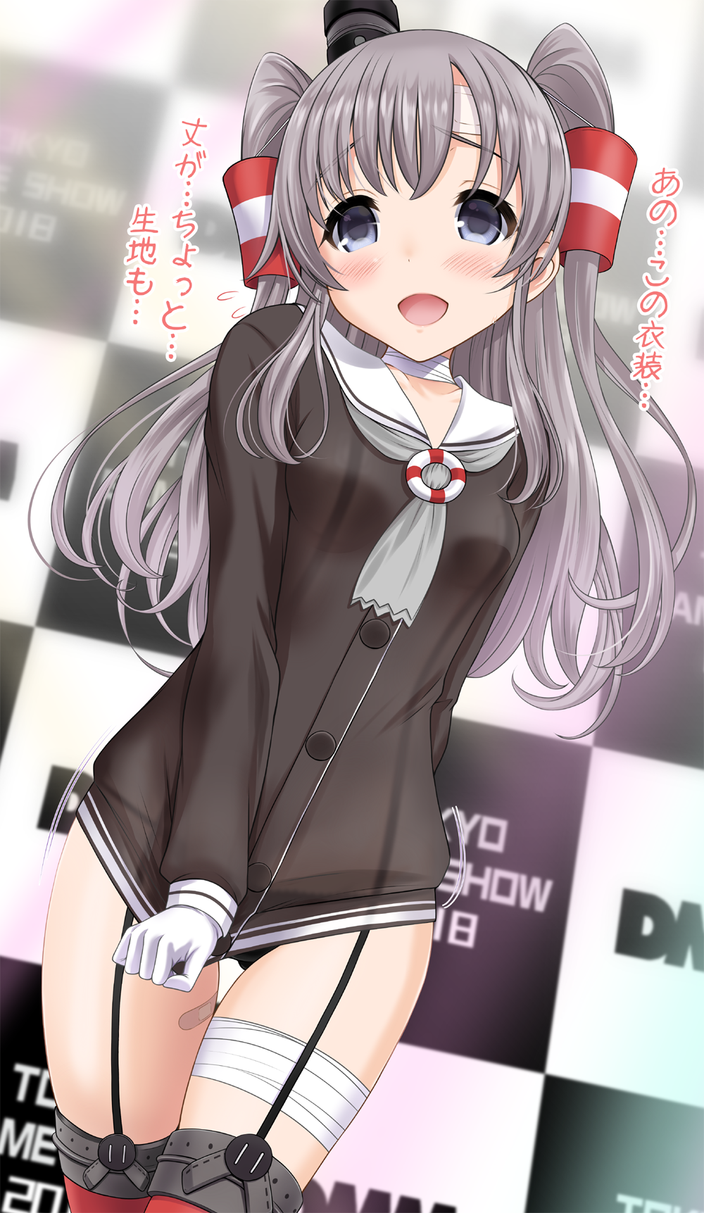 :d amatsukaze_(kantai_collection) amatsukaze_(kantai_collection)_(cosplay) ass_visible_through_thighs bandaged_leg bandaged_neck bandages bandaid_on_leg bangs black_panties blue_eyes blurry blurry_background blush breasts brown_dress collarbone commentary_request cosplay covering covering_crotch depth_of_field dress dress_tug dutch_angle eyebrows_visible_through_hair flying_sweatdrops gloves grey_neckwear hair_between_eyes hair_tubes hat highres idolmaster idolmaster_shiny_colors kantai_collection lifebuoy long_hair medium_breasts mini_hat neko_danshaku open_mouth panties red_legwear sailor_collar sailor_dress short_dress silver_hair smile smokestack smokestack_hair_ornament solo standing thighhighs tilted_headwear translation_request two_side_up underwear very_long_hair white_gloves white_sailor_collar windsock yuukoku_kiriko