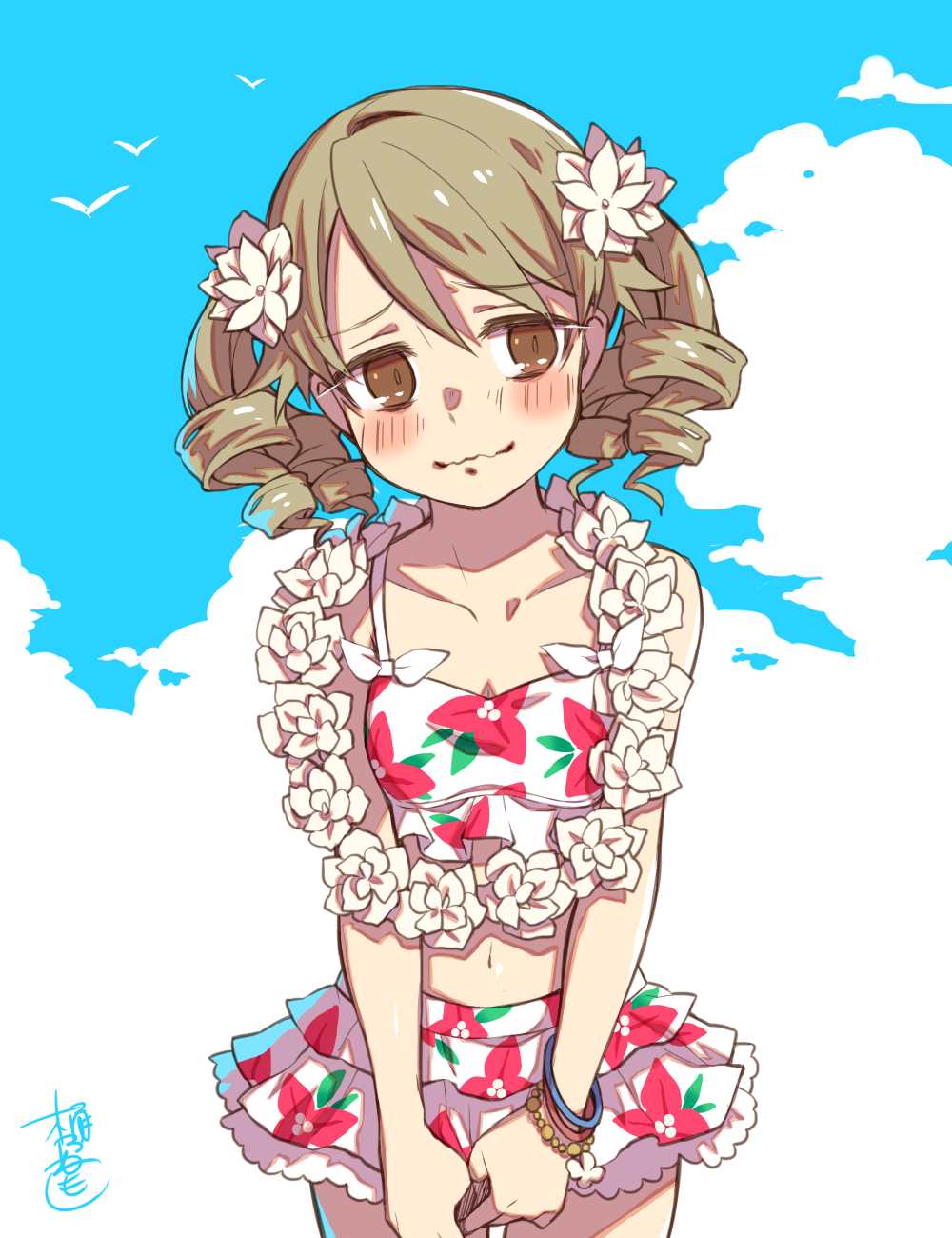 bangle bare_shoulders bikini_skirt bird blush bracelet brown_eyes cloud collarbone commentary_request cowboy_shot day drill_hair eyebrows_visible_through_hair floral_print flower flower_necklace frilled_swimsuit frills hair_flower hair_ornament highres idolmaster idolmaster_cinderella_girls jewelry light_brown_hair long_hair looking_away looking_to_the_side morikubo_nono navel necklace okeno_kamoku own_hands_together ringlets seagull signature sky solo swimsuit v_arms wavy_mouth