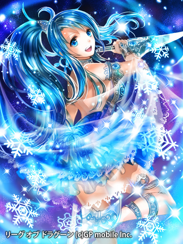 :d arm_strap backless_dress backless_outfit blue_dress blue_eyes blue_hair breasts bug butterfly copyright_name dress floating_hair from_side head_tilt high_ponytail holding holding_weapon insect large_breasts league_of_dragoons leg_up long_hair official_art open_mouth ponytail rioka_(southern_blue_sky) see-through shiny shiny_hair short_dress sideboob smile snowflakes solo sparkle standing standing_on_one_leg thighlet very_long_hair weapon