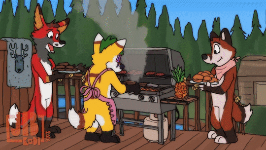 2018 animated anthro apron barbecue better_version_at_source burger canine cervine clothing cooking day eating feline food fox fruit fur horn humor jibbin_kodiyak leopard loop mammal moon night outside party pineapple sun tree wolf