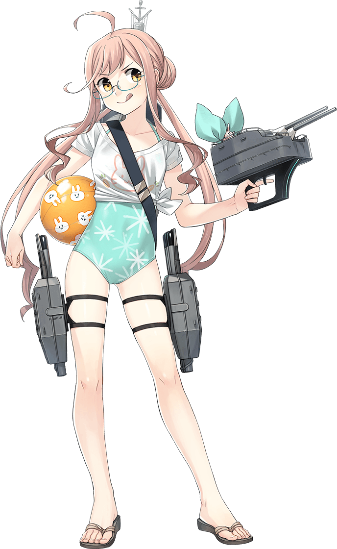 ahoge animal_print aqua_swimsuit ball beachball blue-framed_eyewear bunny casual_one-piece_swimsuit double_bun fujikawa full_body glasses gun hair_bun kantai_collection looking_to_the_side machinery makigumo_(kantai_collection) official_art one-piece_swimsuit pink_hair sandals semi-rimless_eyewear shirt short_sleeves solo swimsuit swimsuit_under_clothes tied_shirt tongue tongue_out torpedo torpedo_launcher torpedo_tubes transparent_background trigger_discipline turret twintails under-rim_eyewear weapon white_shirt yellow_eyes