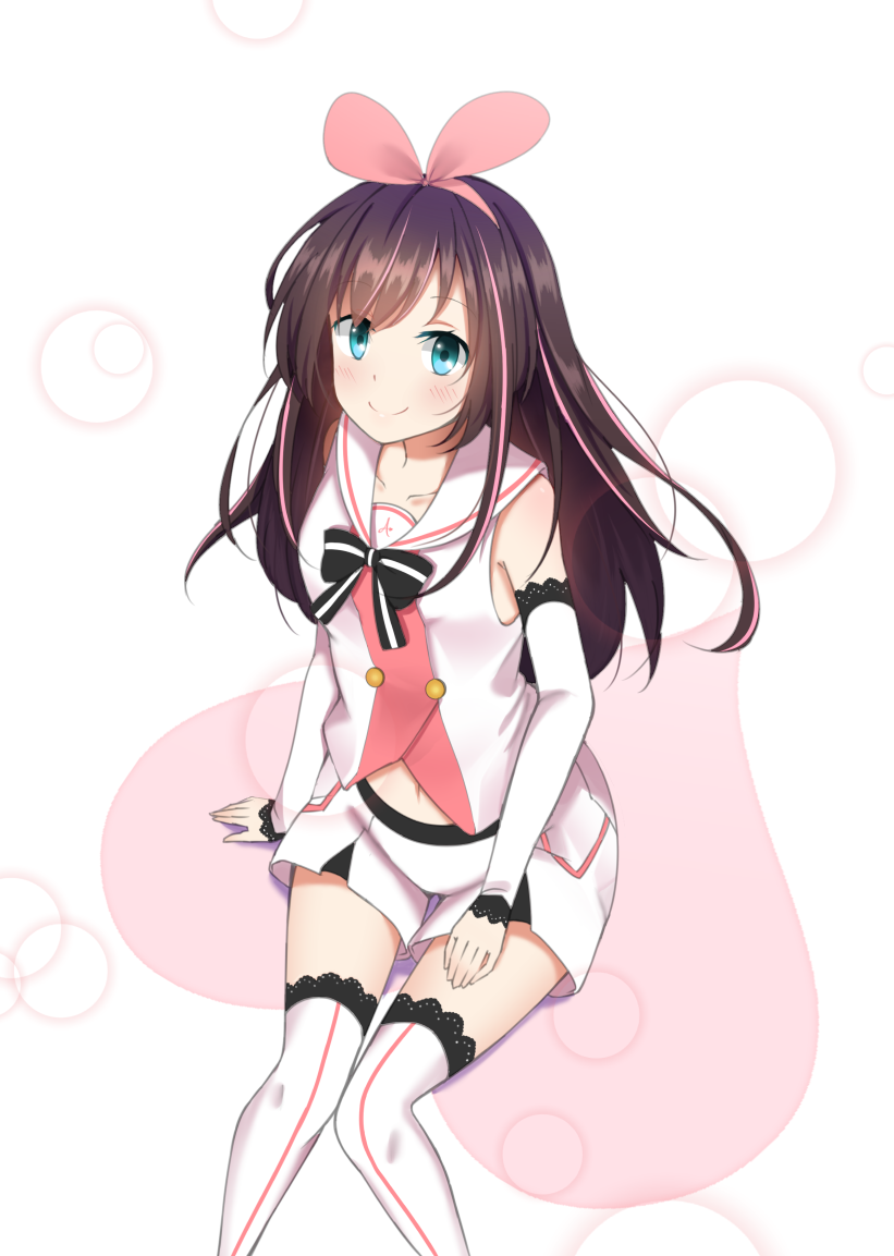 a.i._channel blue_eyes blush bow brown_hair collarbone detached_sleeves floating_hair hair_bow kizuna_ai long_hair looking_at_viewer midriff navel pink_bow shirt short_shorts shorts sitting sleeveless sleeveless_shirt smile solo stomach thighhighs very_long_hair white_background white_legwear white_shirt white_shorts xialuluo_(sharuro)