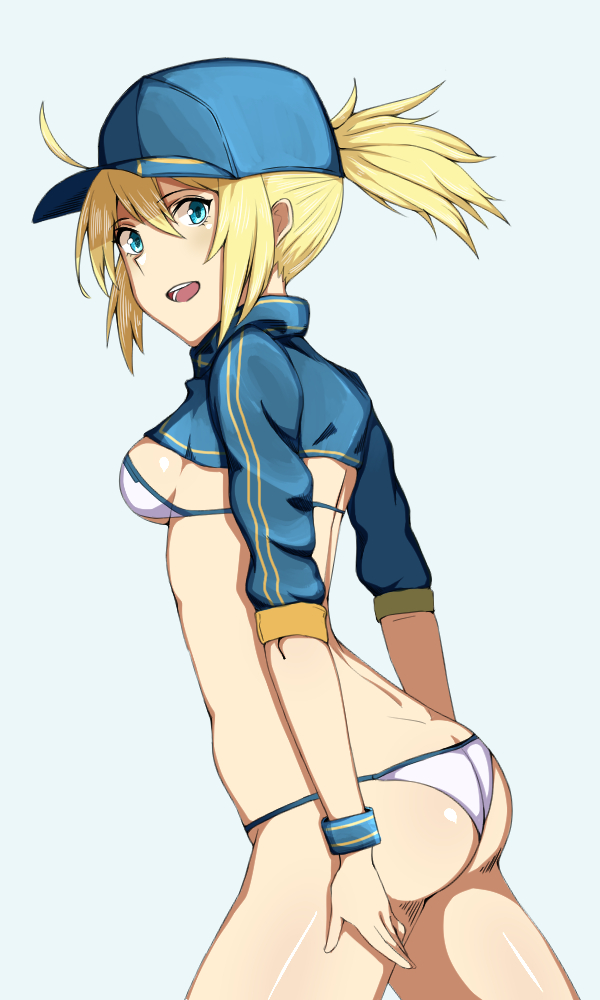1girl artoria_pendragon_(all) ass bare_legs bikini blonde_hair breasts butt_crack cowboy_shot crop_top fate/grand_order fate_(series) female hair_between_eyes hat looking_at_viewer looking_to_the_side mysterious_heroine_xx_(foreigner) open_mouth ponytail shiny shiny_skin simple_background small_breasts solo swimsuit teeth white_bikini