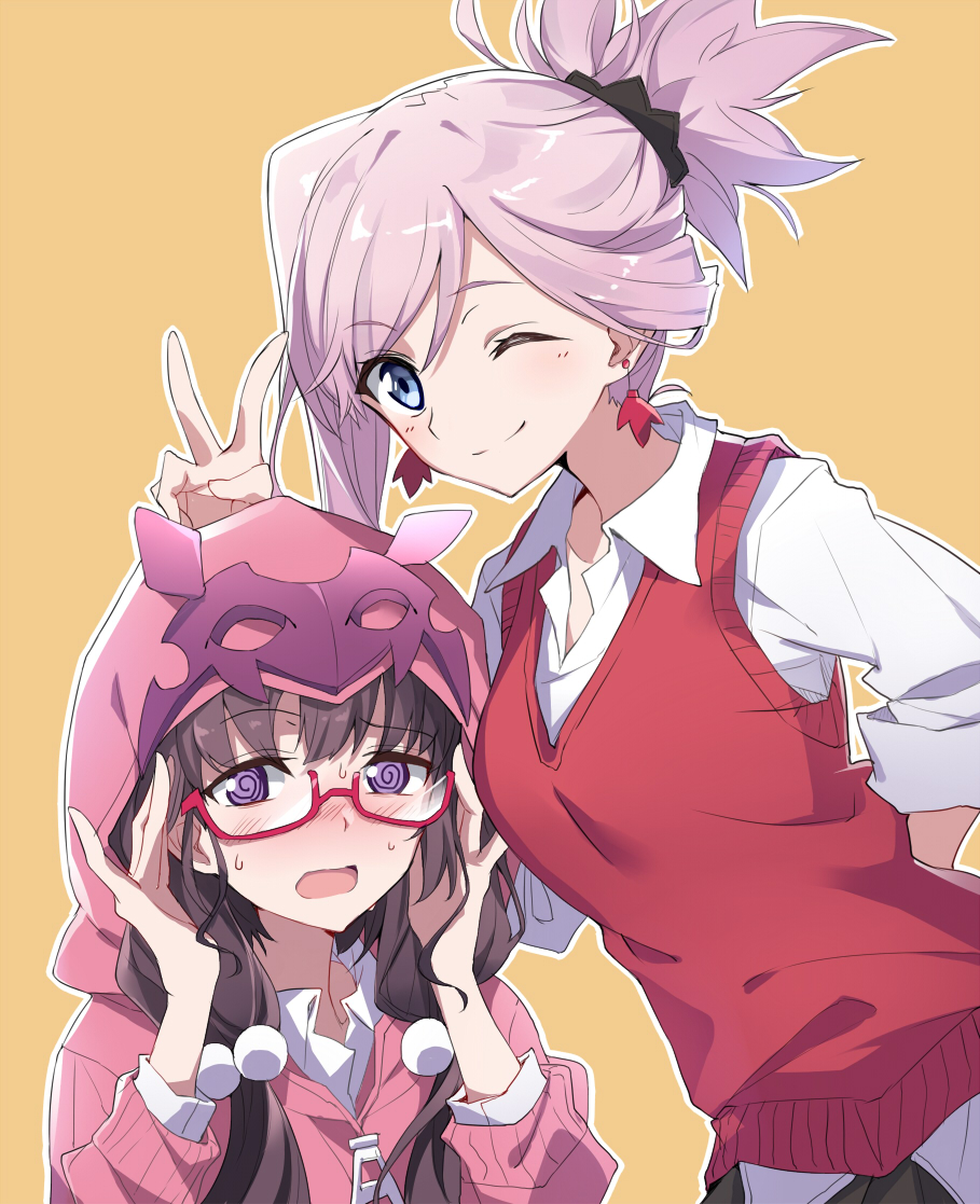 ;) bangs black_skirt blue_eyes blush brown_hair bunny_ears_prank closed_mouth commentary_request earrings eyebrows_visible_through_hair fate/grand_order fate_(series) glasses hair_between_eyes hair_bobbles hair_ornament hood hood_up hoodie jewelry long_sleeves low_twintails miyamoto_musashi_(fate/grand_order) multiple_girls one_eye_closed open_mouth orange_background osakabe-hime_(fate/grand_order) outline pink_hair pink_hoodie pleated_skirt ponytail purple_eyes red-framed_eyewear semi-rimless_eyewear shirt simple_background skirt sleeves_pushed_up smile sweat sweater_vest tsuedzu twintails under-rim_eyewear white_outline white_shirt