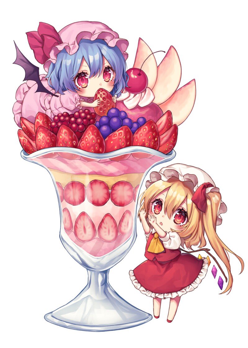 arms_up ascot bangs bat_wings blue_hair blush cherry chibi commentary_request crystal cup dress drinking_glass flandre_scarlet food fruit grapes hair_between_eyes hat hat_ribbon holding holding_food holding_fruit ice_cream kyouda_suzuka long_hair looking_at_viewer looking_up lying minigirl mob_cap multiple_girls on_stomach one_side_up parted_lips petticoat pink_dress pink_hat puffy_short_sleeves puffy_sleeves raspberry red_eyes red_footwear red_ribbon red_skirt red_vest remilia_scarlet ribbon shirt shoes short_hair short_sleeves siblings simple_background sisters skirt standing strawberry sundae touhou vest white_background white_hat white_shirt wings yellow_neckwear
