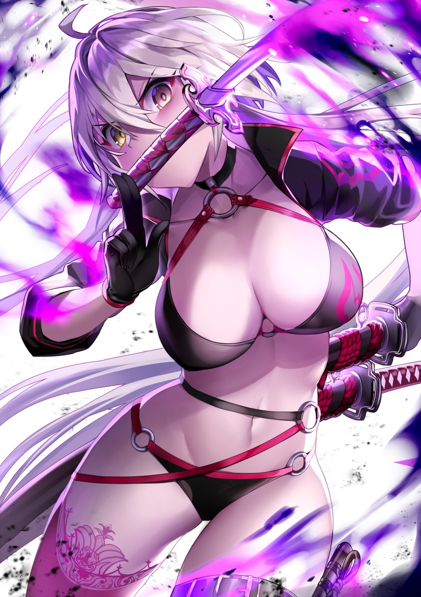 ahoge bangs bikini black_bikini black_choker black_jacket breasts choker commentary_request cowboy_shot cropped_jacket eyebrows_visible_through_hair fate/grand_order fate_(series) gendo0032 gloves hair_between_eyes highres jacket jeanne_d'arc_(alter_swimsuit_berserker) jeanne_d'arc_(fate)_(all) katana large_breasts long_hair multicolored multicolored_background navel o-ring o-ring_bikini o-ring_bottom o-ring_top red_legwear silver_hair single_thighhigh solo swimsuit sword thigh_strap thighhighs weapon yellow_eyes
