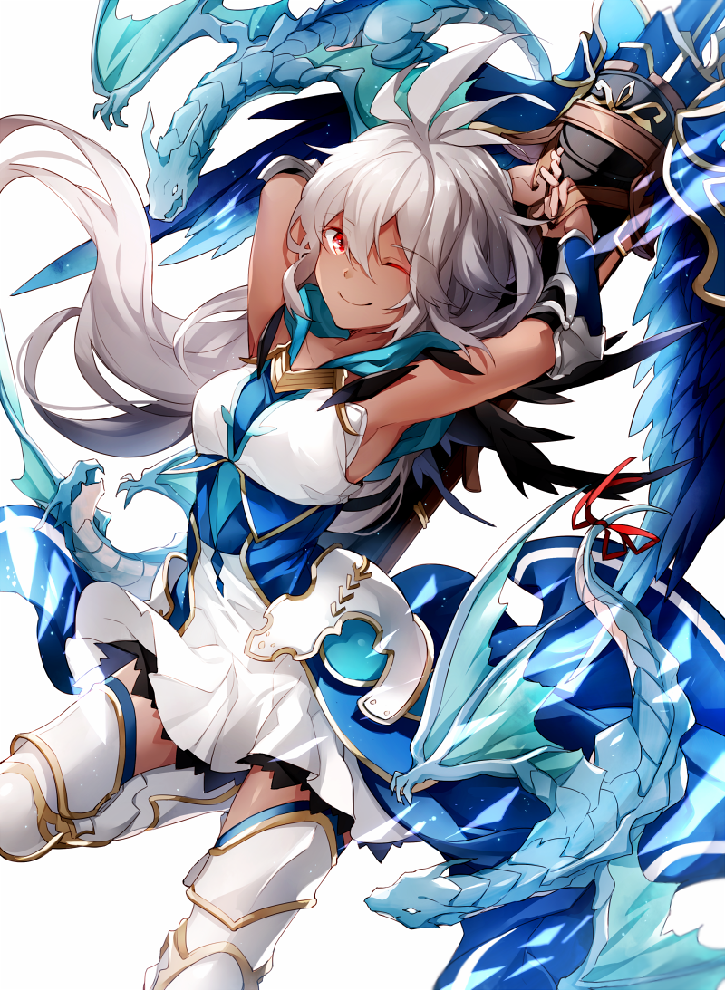 ;) armored_boots armpits arms_up boots collarbone dark_skin dragon dress eyebrows_visible_through_hair floating_hair granblue_fantasy hair_between_eyes hizuki_miya leg_up long_hair looking_at_viewer one_eye_closed pleated_dress red_eyes short_dress silver_hair simple_background smile solo standing standing_on_one_leg very_long_hair white_background white_dress white_footwear zooey_(granblue_fantasy)